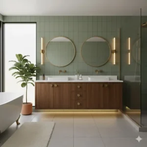 Modern wall-mounted floating mid-century modern bathroom vanity cabinet designs 2026 for a minimalist interior look.
