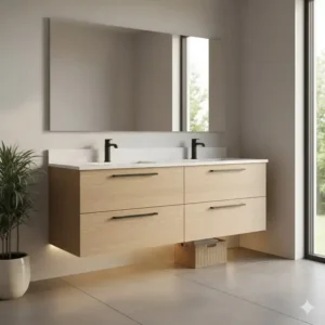 Minimalist wall-mounted design, a key part of natural wood bathroom vanity trends for master baths 2026.