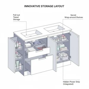 Interior detail of a 48 inch double sink vanity with hidden storage 2026 showing pull-out drawers and secret side compartments.