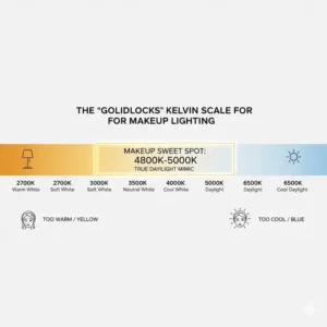 Color temperature chart showing the 5000K daylight mimic as the best bathroom vanity lighting for makeup application 2026.