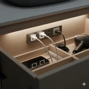 Interior drawer view of a smart bathroom vanity with built-in charging station reviews 2026 showing USB-C ports and power outlets.