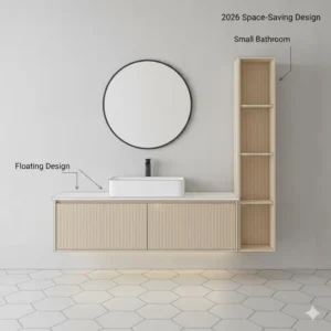 A wall-mounted version of space saving modular bathroom vanity systems 2026 designed to maximize floor area in small bathrooms.