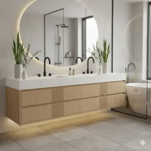 Minimalist wall-mounted style among the best eco-friendly bamboo bathroom vanity options 2026 for small spaces.