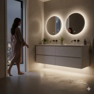 Modern motion-sensor technology installed on the best floating bathroom vanity with integrated lighting 2026.