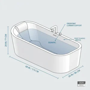 Ergonomic technical drawing of a premium deep soaking tub with built-in chromotherapy lighting 2026.