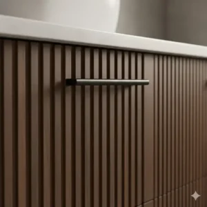 Close-up of fluted oak panels highlighting natural wood bathroom vanity trends for master baths 2026.