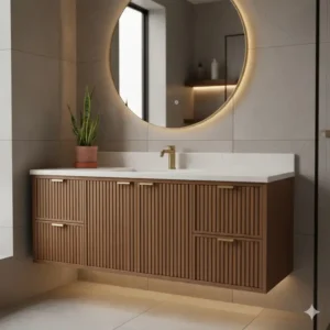 Close-up of textured wood details on mid-century modern bathroom vanity cabinet designs 2026 showcasing 2026 craftsmanship.