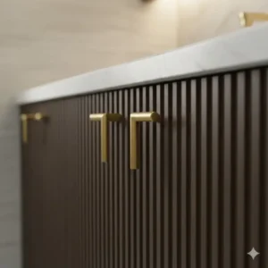 Close-up of premium brass hardware used by affordable custom look bathroom vanity builders 2026 to enhance cabinet aesthetics