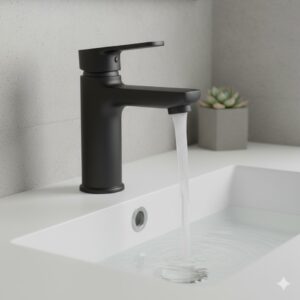 Close-up of a matte black finish on the best single hole modern bathroom faucet for small spaces 2026 showing water flow.