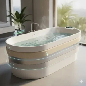An architectural cross-section of advanced thermal layers used in the future of smart bathtubs with temperature control 2026.