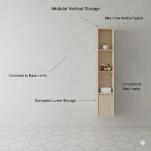 High-tower vertical storage module part of the space saving modular bathroom vanity systems 2026 for better towel organization.