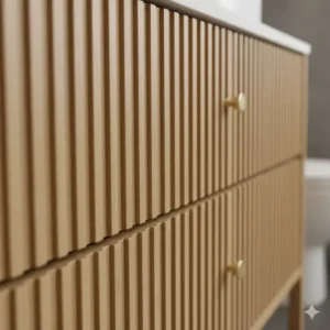 Close-up of fluted cabinet textures available in eco-friendly bamboo bathroom vanity options 2026 collection.