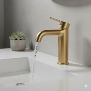 Elegant brushed gold version of the best single hole modern bathroom faucet for small spaces 2026 in a contemporary setting.