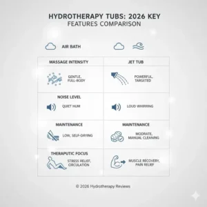 Detailed comparison chart outlining the best hydrotherapy air bath vs jet tub 2026 reviews for homeowners.