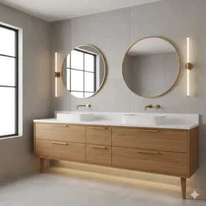 Spacious master bathroom with double sink mid-century modern bathroom vanity cabinet designs 2026 and tapered legs.