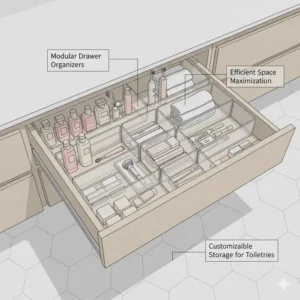 Internal drawer view of space saving modular bathroom vanity systems 2026 featuring adjustable dividers for toiletries.