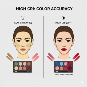 Demonstration of high CRI 90 plus color accuracy using the best bathroom vanity lighting for makeup application 2026.