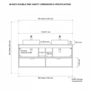 A 2026 contemporary bathroom design aesthetic focused on a 48 inch double sink vanity with hidden storage 2026.