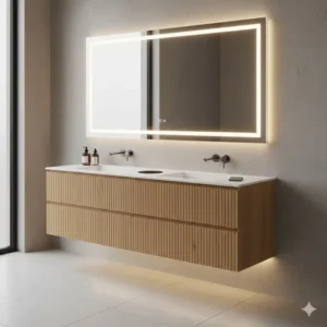 Minimalist wall-mounted smart bathroom vanity with built-in charging station reviews 2026 showcasing the latest floating furniture trends.