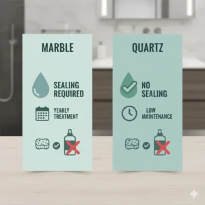 A maintenance checklist and infographic focused on how to choose quartz vs marble vanity countertop 2026 for long-term care.