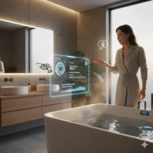 A person interacting with a holographic voice assistant to manage the future of smart bathtubs with temperature control 2026.