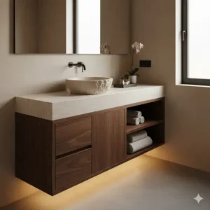 Dark walnut finishes and stone basins representing natural wood bathroom vanity trends for master baths 2026.
