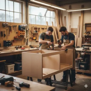 Skilled craftsmen at work in the studio of top-rated affordable custom look bathroom vanity builders 2026.
