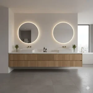 Master suite featuring double sink eco-friendly bamboo bathroom vanity options 2026 with brushed gold hardware.