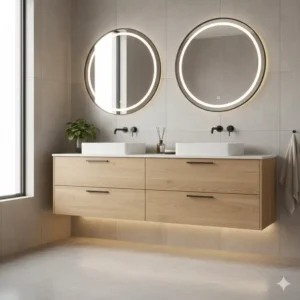 Elegant fluted oak textures applied to the best floating bathroom vanity with integrated lighting 2026.