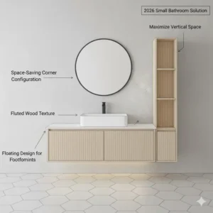 Compact corner unit from the space saving modular bathroom vanity systems 2026 collection ideal for tiny en-suite layouts.