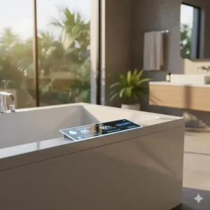 A close-up of the eco-friendly water monitoring dashboard on the future of smart bathtubs with temperature control 2026.