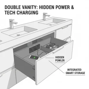 Built-in power strip and charging station inside the drawer of a 48 inch double sink vanity with hidden storage 2026.