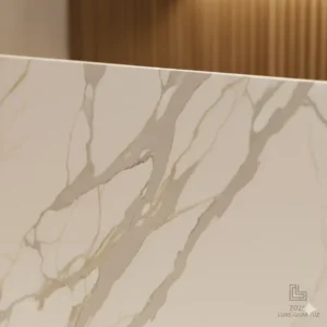 High-quality marble-look engineered stone samples showcasing how to choose quartz vs marble vanity countertop 2026 with realistic veining.