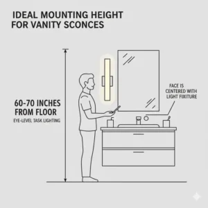 Technical diagram showing the ideal mounting height for the best bathroom vanity lighting for makeup application 2026.