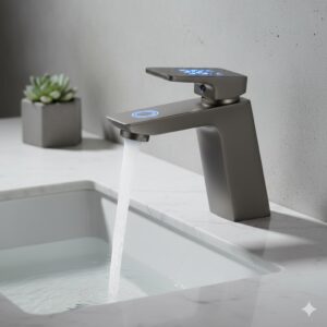 High-tech digital display on the best single hole modern bathroom faucet for small spaces 2026 featuring touchless sensors.