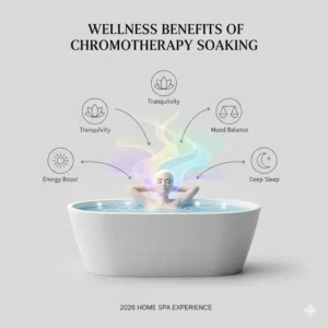 Infographic explaining the health and relaxation benefits of a deep soaking tub with built-in chromotherapy lighting 2026.