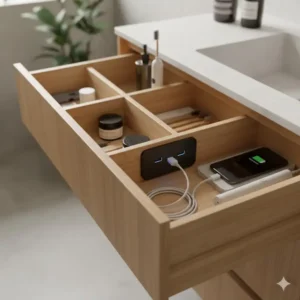 Smart storage solutions and integrated tech found in premium eco-friendly bamboo bathroom vanity options 2026.