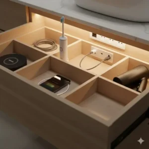Detailed cable management system inside a smart bathroom vanity with built-in charging station reviews 2026 to keep countertops clean.