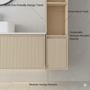 Detail shot of fluted wood finishes available for space saving modular bathroom vanity systems 2026 premium designs.