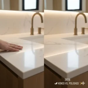 Comparing matte and polished textures to decide how to choose quartz vs marble vanity countertop 2026 for tactile bathroom design.