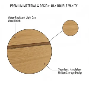 Close-up of the waterproof oak wood grain used in the 48 inch double sink vanity with hidden storage 2026.