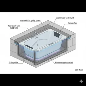 Cutaway installation guide showing the internal components of a deep soaking tub with built-in chromotherapy lighting 2026.