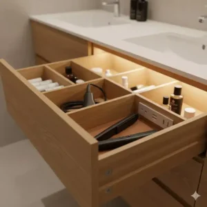 Integrated outlets and dividers seen in natural wood bathroom vanity trends for master baths 2026.