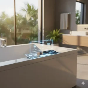The digital interface showing personalized bather profiles for the future of smart bathtubs with temperature control 2026.