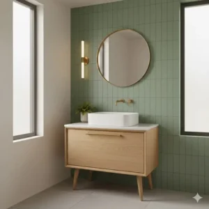 Trendy sage green tiled wall behind walnut mid-century modern bathroom vanity cabinet designs 2026 for a natural vibe.
