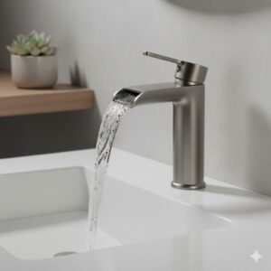 Side view of a waterfall spout design for the best single hole modern bathroom faucet for small spaces 2026 in a compact sink.