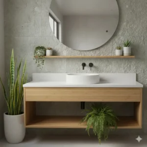 Natural biophilic bathroom interior design highlighting eco-friendly bamboo bathroom vanity options 2026 with indoor plants.