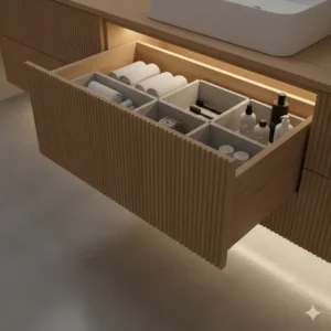 Interior view of organized drawers with LED strips in the best floating bathroom vanity with integrated lighting 2026.