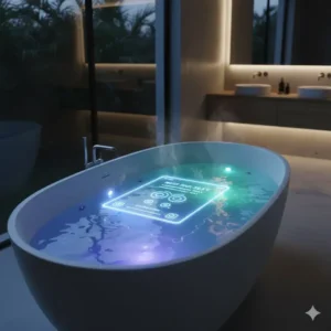 Relaxing underwater LED lighting and chromotherapy features in the future of smart bathtubs with temperature control 2026.