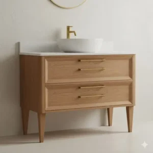 Oak furniture-style legs, a classic element of natural wood bathroom vanity trends for master baths 2026.